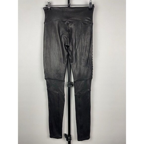 Spanx Metallic Black Faux Leather Moto Edgy Punk Rock Pull On Leggings Size S - Picture 4 of 6